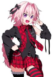 Rule 34 | 1boy, astolfo (fate), asymmetrical clothes, asymmetrical footwear, black thighhighs, blush, braid, detached sleeves, fang, fate/apocrypha, fate/grand order, fate (series), frills, hair intakes, hair ribbon, long hair, looking at viewer, male focus, mismatched footwear, onsoku inu, open mouth, pink hair, purple eyes, ribbon, single braid, single sleeve, smile, solo, striped clothes, striped thighhighs, thighhighs, trap