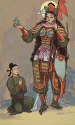Rule 34 | 1boy, 1girl, absurdres, armor, black eyes, black hair, closed mouth, earrings, full body, gauntlets, giant, giantess, highres, holding, holding polearm, holding weapon, jewelry, korea, korean clothes, korean traditional hat, lipstick, long sleeves, makeup, mossacannibalis, on floor, open mouth, original, own hands together, polearm, praying, sitting, standing, wavy hair, weapon