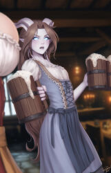 Rule 34 | 2girls, alcohol, player character (wow), beer, beer mug, blue dress, blue sclera, blurry, blurry background, breasts, brown hair, colored sclera, colored skin, cup, draenei, dress, grey skin, highres, holding, holding cup, horns, indoors, iridi (malberrybush), large breasts, long hair, looking at another, mug, multiple girls, open mouth, personal ami, pointy ears, short sleeves, solo focus, warcraft, white eyes, world of warcraft