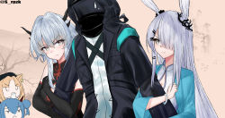 1boy, 4girls, alternate costume, anger vein, animal ears, arknights, bangs, beret, black coat, black dress, black gloves, black headwear, blonde hair, blue hair, blunt bangs, breasts, bunny ears, ch&#039;en (arknights), china dress, chinese clothes, coat, commentary request, cowboy shot, doctor (arknights), double bun, dragon girl, dragon horns, dragon tail, dress, earrings, elbow gloves, eyebrows, eyebrows visible through hair, frostnova (arknights), gloves, grey eyes, hair ornament, hair over one eye, hat, highres, holding another&#039;s arm, horns, jewelry, kakeru (kakeru), long hair, mask, mask on head, multiple girls, off shoulder, pelvic curtain, shirt, silver hair, simple background, sweatdrop, swire (arknights), tail, talulah (arknights), tiger ears, twintails, white dress, white shirt