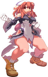 Rule 34 | 1girl, breasts, brown eyes, clenched hands, cross, cross necklace, fighting stance, gloves, hat, jewelry, la pucelle, long sleeves, looking at viewer, mole, mole under eye, necklace, nippon ichi, official art, pantyhose, pink hair, prier, ryoji (nomura ryouji), see-through, see-through legwear, short hair, simple background, socks, solo, standing, thick thighs, thighs, white background