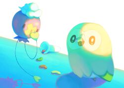 Rule 34 | beans, bird, bright pupils, brown eyes, commentary request, creatures (company), drifloon, eating, game freak, gen 4 pokemon, gen 7 pokemon, highres, holding, mokukitusui, mouth hold, nintendo, no humans, pokemon, pokemon (creature), rowlet, standing, white background