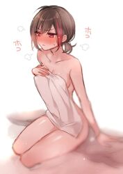 Rule 34 | 1girl, bang dream!, black hair, blush, breasts, collarbone, commentary, covering privates, duplicate, hand on own chest, holding, holding towel, light brown hair, mamaloni, medium breasts, mitake ran, multicolored hair, non-web source, nude, nude cover, puff of air, red eyes, red hair, short hair, solo, streaked hair, towel, white background