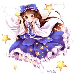 Rule 34 | 1girl, blue bow, blue dress, blue ribbon, blunt bangs, bow, brown eyes, brown hair, chikuwa savy, dress, fairy wings, full body, hair bow, hime cut, long hair, long sleeves, ribbon, simple background, smile, socks, solo, star-shaped pupils, star (symbol), star print, star sapphire, symbol-shaped pupils, touhou, twitter username, white background, white socks, wide sleeves, wings
