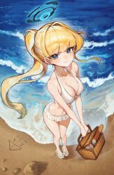 Rule 34 | 1girl, absurdres, alternate costume, alternate hairstyle, apopo, basket, beach, bikini, blonde hair, blue archive, blue eyes, blush, breasts, cleavage, collarbone, hair intakes, halo, highres, holding, holding basket, long hair, looking at viewer, medium breasts, outdoors, picnic basket, ponytail, sand writing, sandals, smile, solo, swimsuit, toki (blue archive), very long hair, white bikini