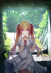 Rule 34 | 1girl, ahoge, blonde hair, bow, breasts, closed mouth, collarbone, commentary request, cyanomirahi, day, dress, fingernails, forest, hair between eyes, hair bow, hands up, highres, long hair, looking at viewer, medium breasts, nature, nijisanji, outdoors, puffy short sleeves, puffy sleeves, purple eyes, red bow, red ribbon, ribbon, short sleeves, smile, solo, takamiya rion, twintails, very long hair, virtual youtuber, white dress