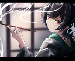Rule 34 | 1girl, black hair, blurry, blurry background, blush, closed mouth, commentary request, depth of field, doran (dorannomai), flower, grey kimono, hair between eyes, hair flower, hair ornament, hand up, head tilt, holding, holding smoking pipe, idolmaster, idolmaster shiny colors, japanese clothes, kimono, kiseru, long sleeves, looking at viewer, looking back, morino rinze, print kimono, red eyes, sidelocks, smoke, smoking, smoking pipe, solo, white flower, wide sleeves