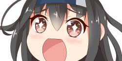 Rule 34 | + +, 10s, 1girl, black hair, close-up, hair between eyes, hatsushimo (kancolle), hatsushimo kai ni (kancolle), headband, kantai collection, long hair, looking at viewer, nahaki, no nose, open mouth, portrait, red eyes, simple background, sin-poi, solo, sparkling eyes, symbol-shaped pupils, white background