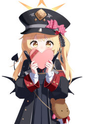 Rule 34 | 1girl, black coat, black dress, black hat, black tail, black wings, blonde hair, blue archive, blush, box, closed mouth, coat, demon tail, demon wings, dress, gift, gift box, halo, hat, heart-shaped box, highres, holding, holding gift, ibuki (blue archive), long hair, looking at viewer, namaonpa, open clothes, open coat, peaked cap, side ponytail, solo, tail, wings, yellow eyes, yellow halo