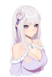 Rule 34 | 1girl, absurdres, bare shoulders, bloodshot eyes, breasts, cleavage, closed mouth, commentary, dress, emilia (re:zero), eyes visible through hair, flower, hair flower, hair ornament, hair ribbon, highres, jason kim, jewelry, large breasts, long hair, looking at viewer, necklace, off-shoulder dress, off shoulder, pointy ears, purple dress, purple eyes, purple flower, purple ribbon, re:zero kara hajimeru isekai seikatsu, ribbon, silver hair, simple background, solo, upper body, white background