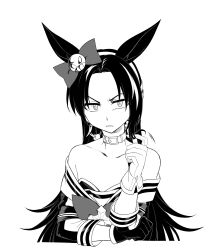 Rule 34 | 1girl, asymmetrical gloves, bare shoulders, belt collar, bow, bowtie, collar, collarbone, commentary, ear bow, forehead, fukuro (maruaru00), furrowed brow, genderswap, genderswap (mtf), gloves, hair intakes, headgear, highres, long hair, looking at viewer, mismatched gloves, off shoulder, original, outside border, personification, solo, stay gold (racehorse), tsurime, umamusume, v-shaped eyebrows