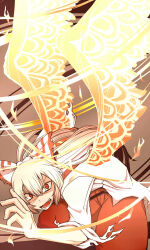 Rule 34 | 1girl, bow, brown background, commentary request, feet out of frame, fiery wings, fingernails, fire, fujiwara no mokou, hair between eyes, hair bow, kuri dora, long bangs, long hair, long sleeves, looking at viewer, open mouth, pants, red eyes, red pants, shaded face, shirt, solo, suspenders, teeth, torn clothes, torn sleeves, touhou, v-shaped eyebrows, very long hair, white bow, white hair, white shirt, wings
