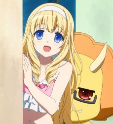 Rule 34 | 10s, 1girl, amagi brilliant park, bikini, blonde hair, blue eyes, blush, drill hair, highres, kyoto animation, latifa fleuranza, long hair, looking at viewer, open mouth, screencap, smile, standing, stitched, swimsuit, third-party edit