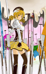 Rule 34 | 10s, 1girl, beret, blood, boots, brown thighhighs, cape, chair, charlotte (madoka magica), corset, detached sleeves, drill hair, fingerless gloves, gloves, gun, hair ornament, hairpin, hat, looking back, magical girl, magical musket, mahou shoujo madoka magica, mahou shoujo madoka magica (anime), nanao (udon), nanao udon, nanao yukiji, orange eyes, pleated skirt, puffy sleeves, ribbon, rifle, shirt, skirt, smile, striped clothes, striped thighhighs, table, taut clothes, taut shirt, thighhighs, tomoe mami, twin drills, twintails, vertical-striped clothes, vertical-striped thighhighs, weapon, witch&#039;s labyrinth, zettai ryouiki