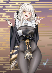 Rule 34 | 1girl, :d, absurdres, black kimono, black ribbon, blanc (nikke), blanc (white rabbit) (nikke), blunt bangs, bodystocking, breasts, floral print, goddess of victory: nikke, hair intakes, hair ornament, hair ribbon, high heels, highres, japanese clothes, kimono, large breasts, long hair, long sleeves, looking at viewer, official alternate costume, open mouth, ramiki (ramesgoag), ribbon, smile, solo, two-tone kimono, v, very long hair, white hair, white kimono, yellow eyes