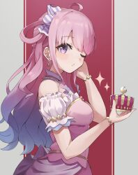 Rule 34 | 1girl, ahoge, blush, breasts, candy hair ornament, closed mouth, commentary, cowboy shot, crescent, crescent earrings, crown, detached collar, dress, earrings, food-themed hair ornament, fragir, frilled dress, frills, from side, gradient hair, hair ornament, highres, himemori luna, himemori luna (1st costume), holding, holding crown, hololive, jewelry, long hair, looking at viewer, medium breasts, multicolored hair, off-shoulder dress, off shoulder, one eye closed, one side up, pink dress, pink eyes, pink hair, puffy short sleeves, puffy sleeves, short sleeves, sidelocks, simple background, single bare shoulder, single hair ring, solo, sparkle, standing, unworn crown, virtual youtuber