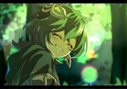 Rule 34 | 1girl, capelet, closed eyes, collei (genshin impact), day, earrings, facing viewer, forest, genshin impact, green capelet, green hair, green theme, grin, hair ornament, happy, jewelry, long hair, mm (motot), nature, outdoors, smile, solo, tassel, upper body