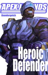 Rule 34 | 1boy, animification, apex legends, armor, beard, black hair, bleach, character name, cover, cover page, dark-skinned male, dark skin, facial hair, fake cover, gloves, highres, logo parody, looking up, male focus, manga cover, newcastle (apex legends), parted lips, purple gloves, shield, smile, solo, thundergotch, visor, white background