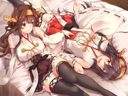 Rule 34 | 2girls, artist request, bed, bed sheet, black hair, black thighhighs, blush, brown hair, character request, japanese clothes, kantai collection, kimono, multiple girls, orange eyes, purple eyes, skirt, smile, tagme, tagne, thighhighs