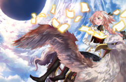 Rule 34 | 1boy, ;d, alternate costume, astolfo (fate), bare shoulders, black bow, black legwear, blue sky, blush, book, bow, braid, cloud, cloudy sky, commentary request, day, detached sleeves, fang, fantasy, fate/apocrypha, fate (series), flying, gloves, glowing, gold trim, hair bow, hair intakes, highres, hippogriff, holding, holding book, long hair, long sleeves, looking away, looking to the side, male focus, multicolored hair, no shoes, one eye closed, open book, open mouth, pages, pink hair, purple eyes, riding, saddle, shirt, single braid, sky, smile, streaked hair, sunlight, trap, turtleneck, two-tone hair, white gloves, white hair, white shirt, zetsuki (theendoftheworid)