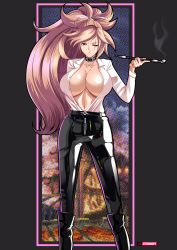 Rule 34 | 1girl, amputee, arc system works, baiken, belt, big hair, black belt, black footwear, black pants, breasts, cleavage, closed mouth, collared shirt, dress shirt, guilty gear, guilty gear xrd, highres, huge breasts, long hair, looking at viewer, navel, no bra, one-eyed, open clothes, open shirt, pants, pink eyes, pink hair, ponytail, scar, scar across eye, scar on face, shirt, smoke, smoking pipe, standing, steve chopz, very long hair, white shirt