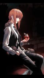 Rule 34 | 1girl, alcohol, breasts, brown hair, business suit, chainsaw man, collared shirt, cup, czcz12321, drink, drinking glass, formal, hair between eyes, hand in pocket, highres, light smile, long hair, looking at viewer, looking to the side, makima (chainsaw man), medium breasts, mouse (animal), mouse tail, necktie, red eyes, ringed eyes, shirt, shirt tucked in, sitting, smile, suit, tail, tomboy, wine, wine glass
