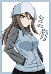 Rule 34 | 1girl, absurdres, blue border, blue hat, blue jacket, border, brown eyes, brown hair, character name, closed mouth, commentary, girls und panzer, hands in pockets, hat, highres, jacket, keizoku military uniform, long hair, long sleeves, looking at viewer, mika (girls und panzer), military, military uniform, outside border, raglan sleeves, shikokuken (mrykk24), skirt, smile, solo, track jacket, tulip hat, uniform, white background