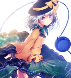 Rule 34 | 1girl, black hat, bloom, blouse, blush, bow, closed mouth, commentary, cowboy shot, floral print, frilled shirt collar, frilled skirt, frilled sleeves, frills, from side, green eyes, green skirt, hair between eyes, hat, hat bow, heart, heart-shaped pupils, highres, koharu hiyorii, komeiji koishi, light green hair, long sleeves, looking at viewer, looking to the side, rose print, shirt, short hair, simple background, skirt, sleeves past wrists, smile, solo, symbol-shaped pupils, third eye, touhou, white background, wide sleeves, yellow bow, yellow shirt