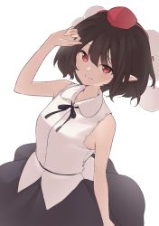 Rule 34 | 1girl, black bow, black neckwear, black skirt, bow, brown hair, closed mouth, collar, hair between eyes, hand up, hat, highres, holding, kanpa (campagne 9), looking at viewer, pom pom (clothes), red eyes, red hat, shameimaru aya, shirt, short hair, simple background, skirt, sleeveless, smile, solo, tokin hat, touhou, white background, white collar, white shirt