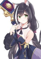 Rule 34 | 1girl, :3, absurdres, animal ear fluff, animal ears, black dress, black fur, black hair, cat ears, cat girl, cat tail, closed mouth, commentary, detached sleeves, dress, green eyes, high collar, highres, holding, holding staff, karyl (princess connect!), long hair, mage staff, multicolored hair, ponytail, princess connect!, simple background, smile, solo, staff, streaked hair, tail, white background, white hair, wide sleeves, yoru (user vewa8437)
