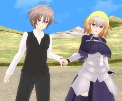 Rule 34 | 1boy, 1girl, 3d, ahoge, armor, armored dress, black pants, blonde hair, blush, breasts, brown hair, capelet, chain, cloak, command spell, commentary, couple, fate/apocrypha, fate (series), gauntlets, headpiece, hetero, jeanne d&#039;arc (fate), jeanne d&#039;arc (ruler) (fate), large breasts, long hair, long sleeves, looking at another, pants, purple eyes, purple thighhighs, red eyes, sansei gomesu, shirt, short hair, sieg (fate), thighhighs, thighs, very long hair, waist cape, waistcoat, white shirt
