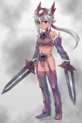 Rule 34 | 1girl, boots, breasts, dark-skinned female, dark skin, detached sleeves, dual wielding, female focus, full body, gradient background, grey hair, helm, helmet, holding, midriff, pointy ears, poporon, red eyes, skull, solo, sword, thigh boots, thighhighs, weapon