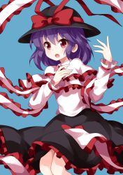 Rule 34 | &gt;:o, 1girl, black hat, black skirt, blue background, bow, capelet, commentary request, feet out of frame, frilled capelet, frilled shawl, frills, hands up, hat, hat bow, hat ribbon, highres, long sleeves, looking at viewer, nagae iku, open mouth, purple hair, red bow, red eyes, red ribbon, ribbon, ruu (tksymkw), shawl, simple background, skirt, solo, touhou, v-shaped eyebrows, white capelet, wing collar