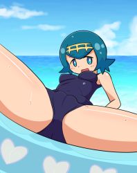 Rule 34 | 1girl, bare shoulders, blue background, blue eyes, blue hair, blue one-piece swimsuit, blue sky, blush, breasts, cameltoe, cloud, covered erect nipples, covered navel, creatures (company), female focus, game freak, hair ornament, headband, innertube, lana (pokemon), looking to the side, lying, matching hair/eyes, navel, ninon, nintendo, ocean, on back, one-piece swimsuit, open mouth, outdoors, pokemon, pokemon sm, see-through, shiny skin, short hair, sky, small breasts, smile, solo, spread legs, sweat, swim ring, swimsuit, trial captain, water, wet