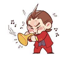Rule 34 | 1boy, ace attorney, antenna hair, apollo justice, blush, bracelet, brown hair, buttons, chibi, closed eyes, formal, grey vest, highres, instrument, jacket, jewelry, legs apart, long sleeves, male focus, music, musical note, no fingers, pants, playing instrument, re00reo, red jacket, red pants, red suit, shoes, short hair, simple background, solo, standing, suit, sweat, trumpet, v-shaped eyebrows, vest, white background