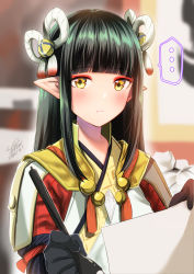 Rule 34 | ..., 1girl, azuma yuki, black gloves, black hair, blurry, blurry background, capcom, closed mouth, depth of field, gloves, highres, holding, long hair, looking at viewer, minoto, monster hunter (series), monster hunter rise, pointy ears, signature, solo, spoken ellipsis, yellow eyes