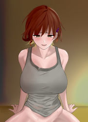 Rule 34 | 1girl, absurdres, aketa mikoto, arm support, bl-a-ck, blonde hair, blush, breasts, brown hair, collarbone, grey tank top, groin, hair ornament, hairpin, highres, idolmaster, idolmaster shiny colors, large breasts, looking at viewer, multicolored eyes, multicolored hair, no pants, out-of-frame censoring, solo, spread legs, sweat, sweatdrop, tank top