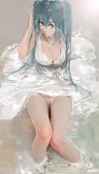 Rule 34 | 1girl, aqua eyes, aqua hair, bare shoulders, beach, breasts, cleavage, dress, g q, hatsune miku, highres, long hair, looking at viewer, medium breasts, partially submerged, sitting, solo, swimsuit, thigh gap, thighs, twintails, vocaloid, water, white dress