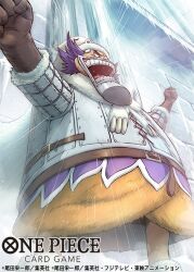 Rule 34 | 1boy, armored coat, arms up, coat, commentary request, copyright name, evil smile, from below, fur coat, fur hat, gloves, hat, kuroda asaki, looking ahead, male focus, motion lines, official art, one piece, one piece card game, open mouth, orange coat, purple hair, smile, solo, wapol