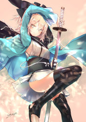 Rule 34 | &gt;:), 1girl, arm up, armpits, artist name, ass, black bow, black footwear, black sash, black scarf, black thighhighs, blonde hair, boots, bow, breasts, cable, commentary request, dated, fate/grand order, fate (series), feet out of frame, hair between eyes, hair bow, haori, highres, holding, holding sword, holding weapon, japanese clothes, katana, kimono, knee up, long sleeves, looking at viewer, medium breasts, obi, okita souji (fate), okita souji (koha-ace), open clothes, petals, sakusyo, sash, scabbard, scarf, sheath, short hair, short kimono, signature, sleeveless, sleeveless kimono, smile, solo, sparkle, sword, thigh boots, thighhighs, thighs, toeless legwear, unsheathing, v-shaped eyebrows, weapon, white kimono, yellow eyes