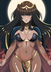 Rule 34 | 1girl, absurdres, artist name, black hair, blush, breasts, cape, commentary, covered navel, fingernails, fire emblem, fire emblem awakening, fire emblem heroes, full moon, gold trim, highres, ihsnet, jewelry, large breasts, lips, loincloth, long hair, looking at viewer, moon, nail polish, navel, nintendo, parted lips, pelvic curtain, purple eyes, revealing clothes, signature, simple background, solo, tharja (fire emblem), tiara, turtleneck