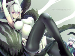 Rule 34 | 1boy, 1girl, arms up, black pantyhose, breasts, cape, copyright name, elbow gloves, fur trim, gideon (pixiv fantasia last saga), gloves, hira taira, impossible clothes, knee up, large breasts, looking at viewer, niggurath the ancient tree branch, pantyhose, pixiv fantasia, pixiv fantasia last saga, pointy ears, short hair, sitting, tiara, white gloves, white hair