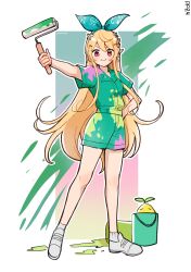 Rule 34 | 1girl, arm up, artist name, blonde hair, blush, bucket, closed mouth, collared shirt, commentary, english commentary, flower, full body, gradient background, green hairband, green ribbon, green shirt, green shorts, hair between eyes, hair flower, hair ornament, hair ribbon, hairband, hakamii, hand on own hip, highres, holding, long hair, looking at viewer, nijisanji, nijisanji en, outline, paint, paint can, paint on clothes, paint roller, paint splatter, pointy ears, pomu rainpuff, pomudachi (pomu rainpuff), red eyes, ribbon, shirt, shirt tucked in, shoes, short shorts, short sleeves, shorts, sidelocks, simple background, smile, socks, standing, twitter username, v-shaped eyebrows, very long hair, virtual youtuber, white background, white flower, white footwear, white outline, white socks
