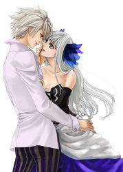 Rule 34 | 1boy, 1girl, couple, dress, eye contact, gwendolyn (odin sphere), hair ornament, hetero, highres, looking at another, mofrow, odin sphere, oswald, purple eyes, red eyes, short hair, silver hair, strapless, strapless dress