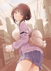 Rule 34 | 1girl, absurdres, backpack, bag, breasts, brown eyes, brown hair, building, commentary request, dutch angle, grin, highres, holding, holding phone, jacket, charm (object), large breasts, looking at viewer, looking back, miniskirt, original, phone, plaid, plaid skirt, pleated skirt, purple jacket, purple skirt, short hair, skirt, smile, solo, tokufumi, twilight