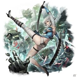 Rule 34 | 1girl, ass, bandaged arm, bandaged leg, bandaged neck, bandages, blue negligee, braided hair rings, chain blades, cross-laced clothes, cross-laced panties, flower, hair flower, hair ornament, highres, jagged sword, kaine (nier), lingerie, lunar tear, negligee, nier, nier (series), octopath traveler, official art, panties, robot, underwear, weapong