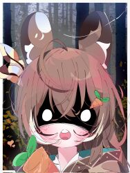 Rule 34 | 1girl, ahoge, blush, border, brown capelet, brown cloak, brown hair, capelet, carrot, cat hair ornament, cloak, commentary, crossed bangs, english commentary, forest, hair between eyes, hair ornament, highres, hololive, hololive english, koyoinacho, long hair, looking at viewer, multicolored hair, nanashi mumei, nanashi mumei (1st costume), nature, open mouth, outdoors, outside border, portrait, shaded face, sidelocks, solo, straight-on, streaked hair, teeth, upper teeth only, virtual youtuber, white border