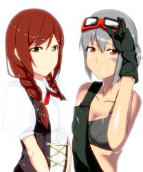 Rule 34 | 10s, 2girls, adjusting goggles, alternate hairstyle, amano don, asymmetrical docking, bad id, bad pixiv id, black bra, black gloves, bra, braid, breast press, breasts, brown eyes, brown hair, closed mouth, collarbone, collared shirt, cross-laced clothes, dirty, dirty face, eyebrows, from side, gloves, god eater, god eater 2: rage burst, god eater burst, goggles, goggles on head, grin, hair between eyes, hair over shoulder, hair tie, hand up, kusunoki rikka, lingerie, long hair, looking at viewer, medium breasts, multiple girls, open clothes, open vest, overalls, ponytail, puffy short sleeves, puffy sleeves, red eyes, red hair, shiny skin, shirt, short hair, short ponytail, short sleeves, sidelocks, silver hair, simple background, smile, sports bra, takeda hibari, twin braids, twintails, underwear, upper body, vest, white background, white shirt