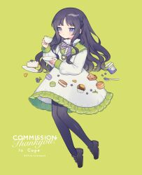 Rule 34 | 1girl, 3tokitamago, absurdres, black hair, black pantyhose, blue eyes, cake, coffee cup, commission, cup, disposable cup, dress, food, full body, green background, green sailor collar, highres, jam, long hair, macaron, original, pantyhose, sailor collar, simple background, solo, spoon, white dress