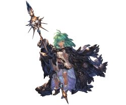 Rule 34 | 1girl, bandages, boots, cape, dark-skinned female, dark skin, full body, granblue fantasy, green eyes, green hair, hair over one eye, kolulu (granblue fantasy), looking at viewer, messy hair, minaba hideo, navel, official art, polearm, skirt, solo, spear, torn clothes, transparent background, weapon
